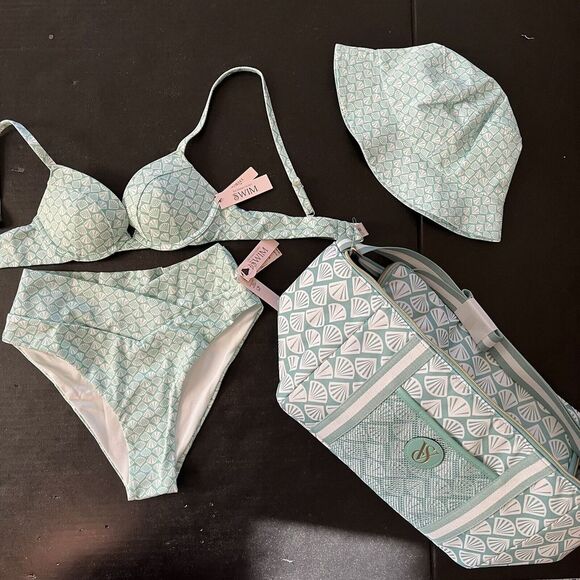 Victoria's Secret 32A BIKINI S high-Waist BOTTOM+COOLER BAG+HAT TEAL GREEN SHELL - Picture 8 of 8